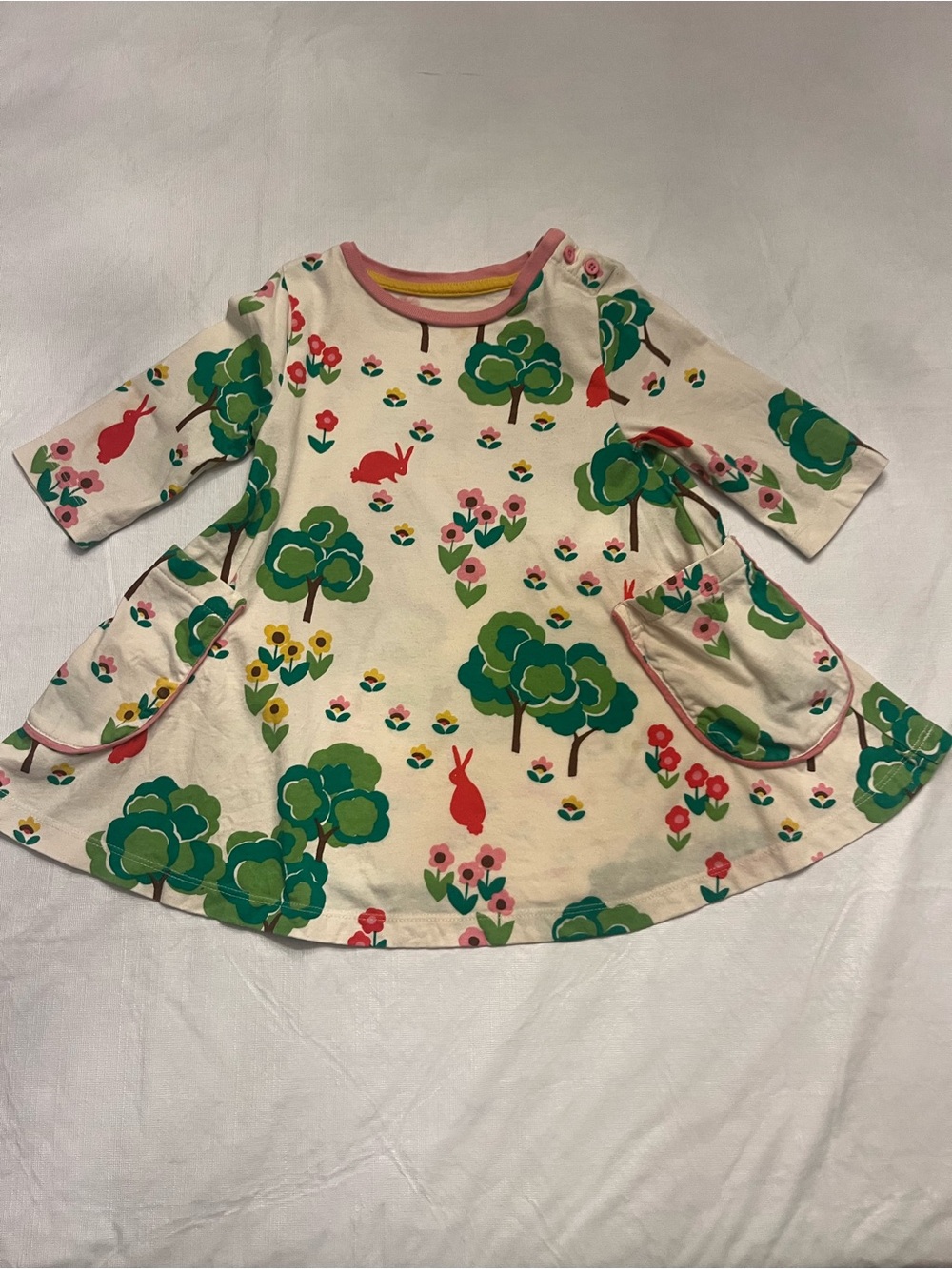 Mini Boden Cream Dress with Green Trees and Red Bunniesi 3/4